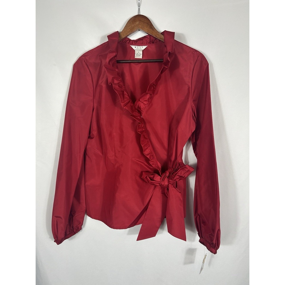 Nexx Women's Red Ruffle Self Tie Wrap Blouse 100% Silk Size PL Holiday Party